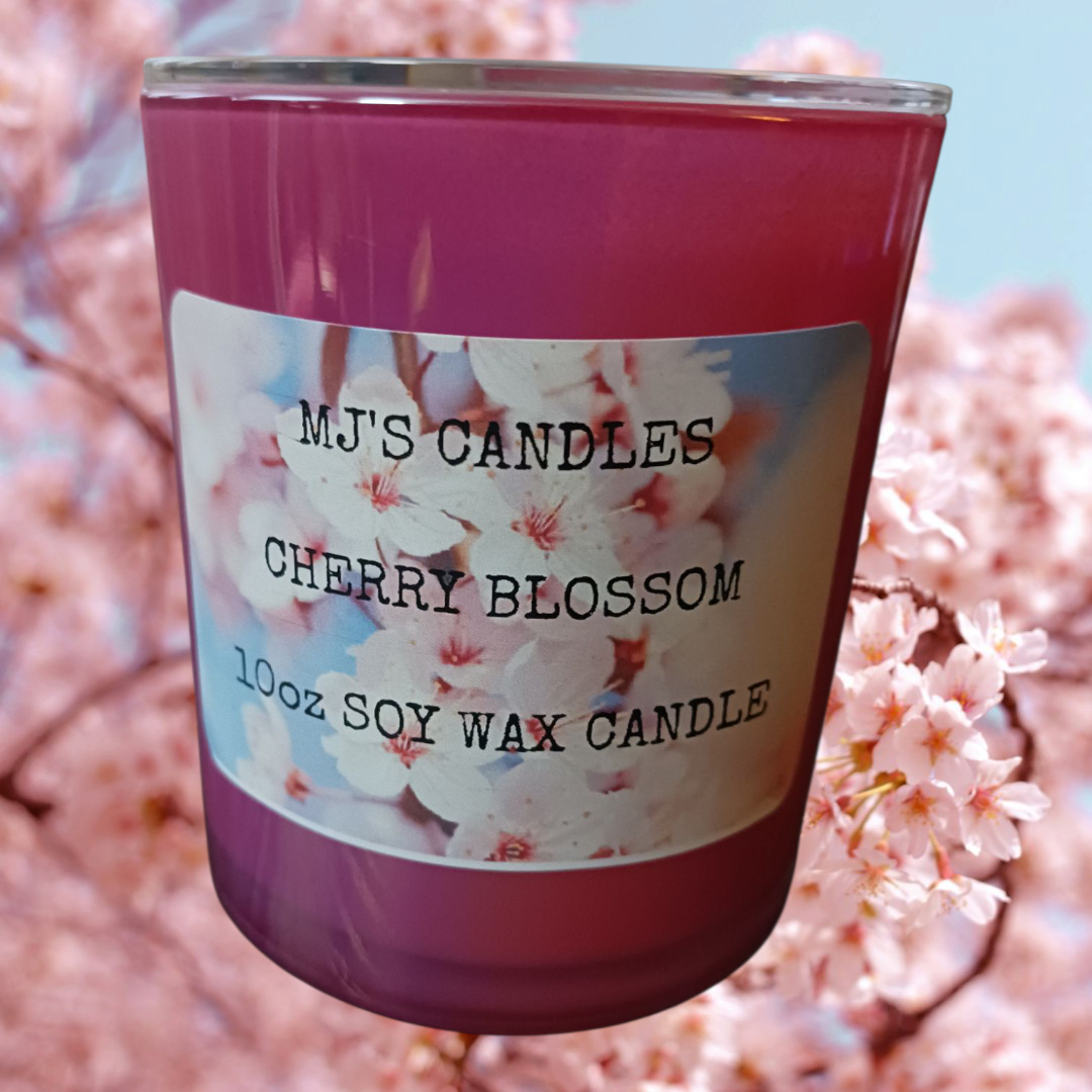 MJ'S CANDLES cherry blossom 10oz soy wax floral fragrance candle for home in pink glass jar