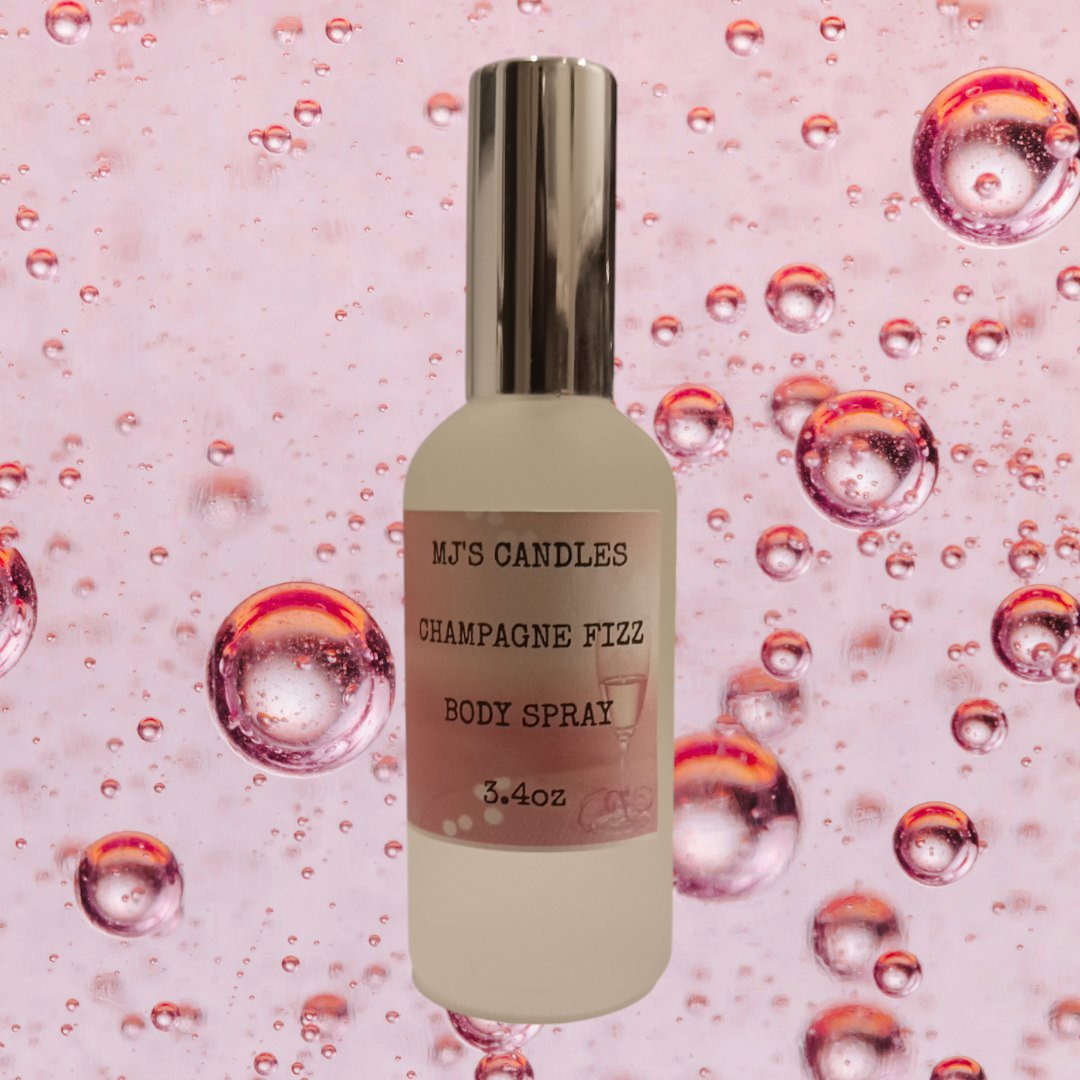 MJ'S CANDLES champagne fizz luxury body spray for women in frosted glass bottle with metallic cap