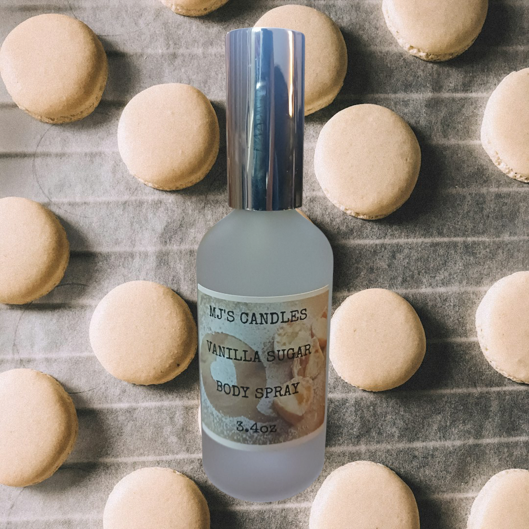 MJ'S CANDLES vanilla sugar luxury body spray for women with frosted glass bottle and silver cap