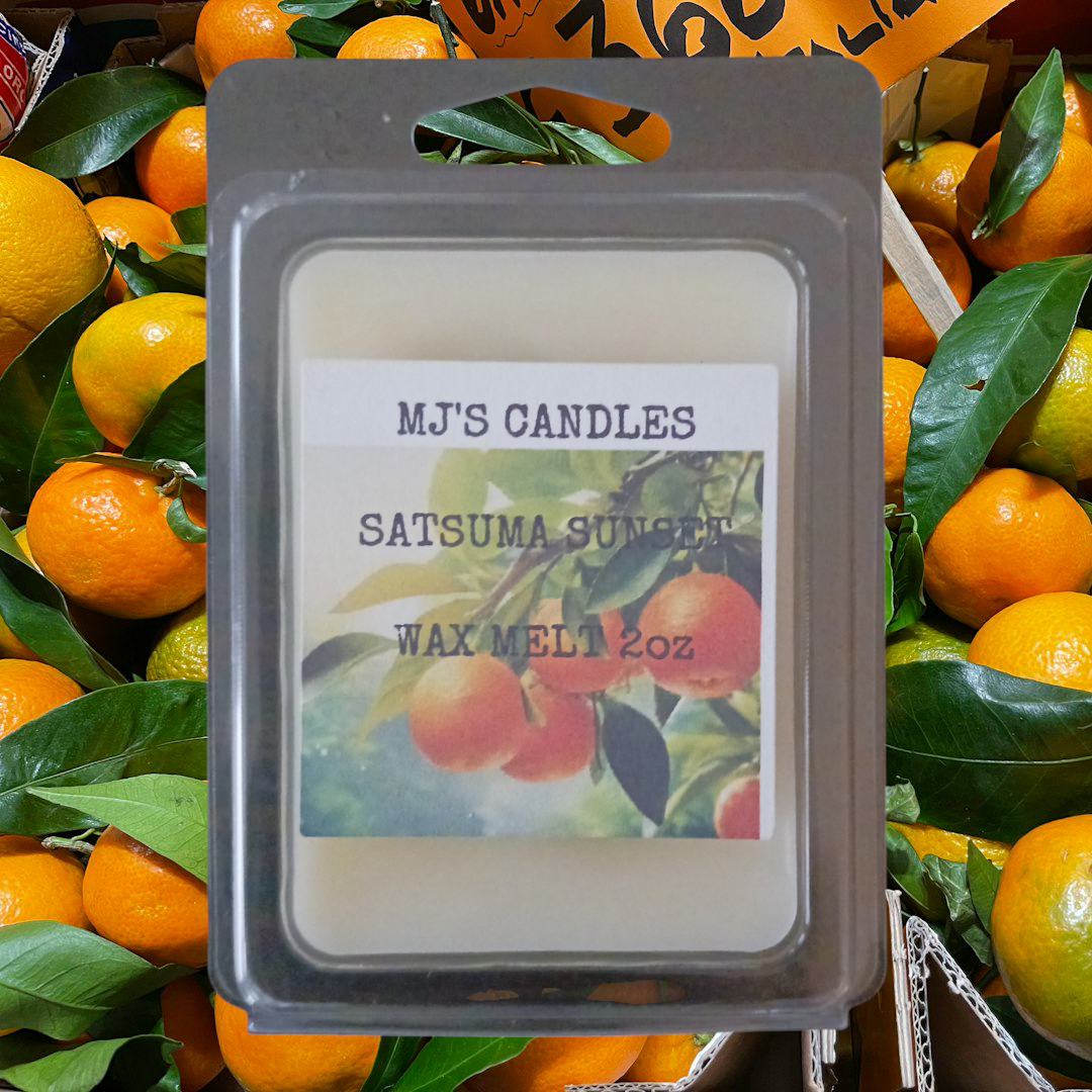 MJ'S CANDLES natural satsuma scented wax melt 2oz with fresh orange fruit background