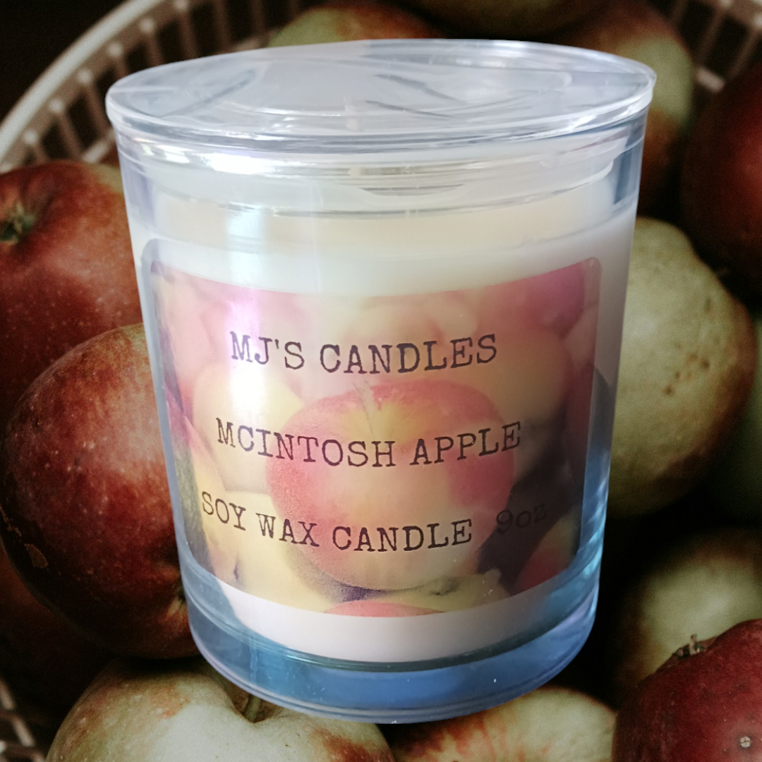 MJ'S CANDLES natural soy wax luxury candle in clear glass with McIntosh apple label