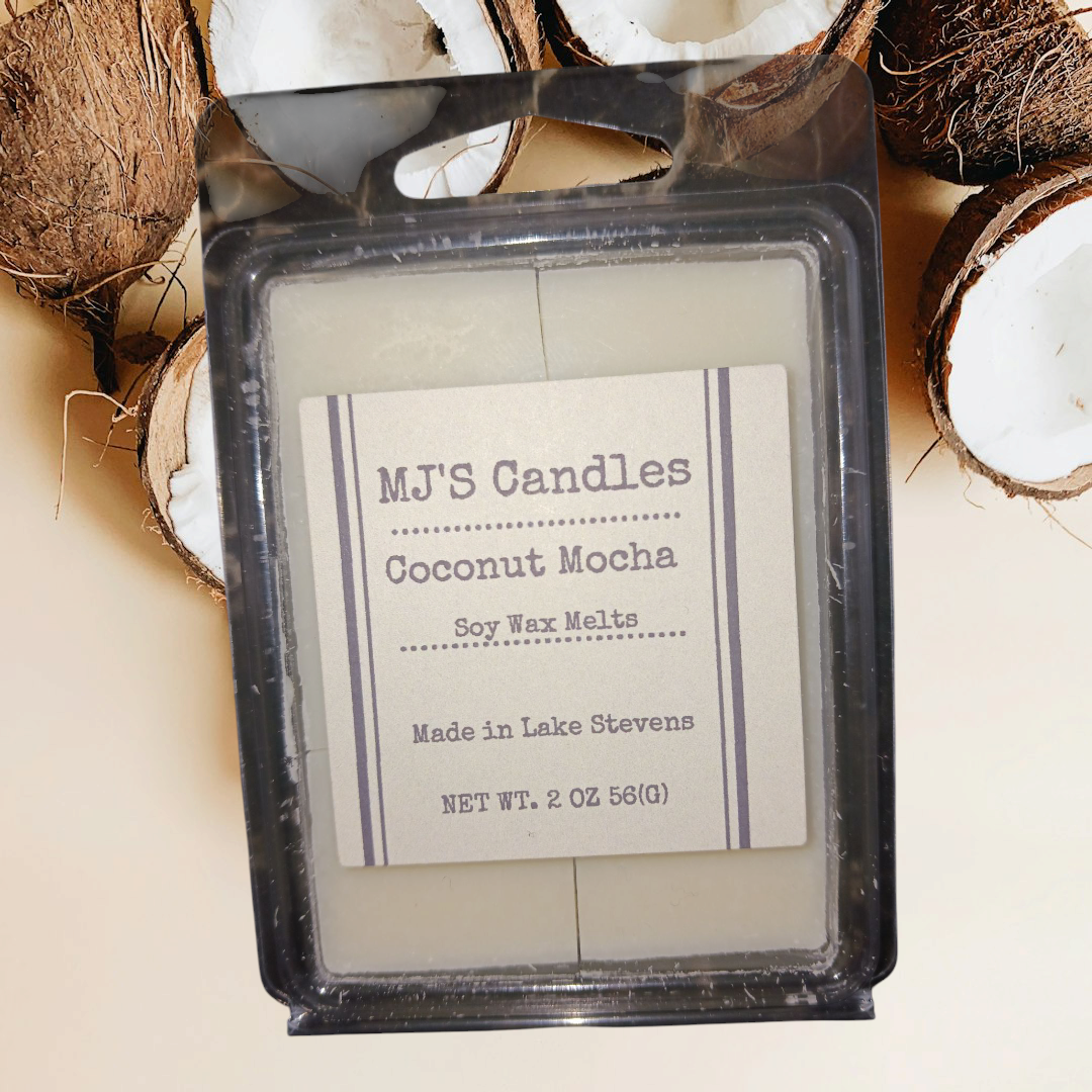 MJ'S Candles coconut mocha wax melt soy wax melts package with natural coconut background