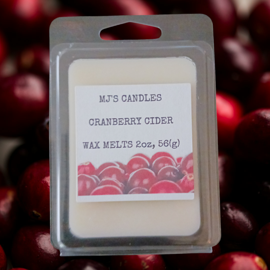 MJ'S CANDLES LLC cranberry cider fall scented wax melts for home in clear clamshell packaging
