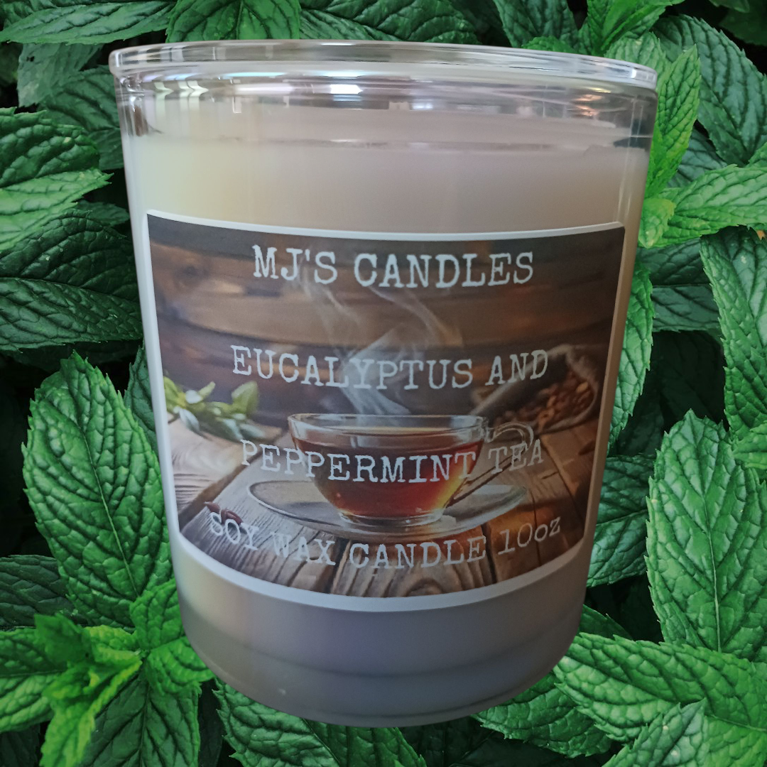 MJ'S CANDLES LLC handcrafted eucalyptus candle in a clear glass jar with eucalyptus and peppermint tea label