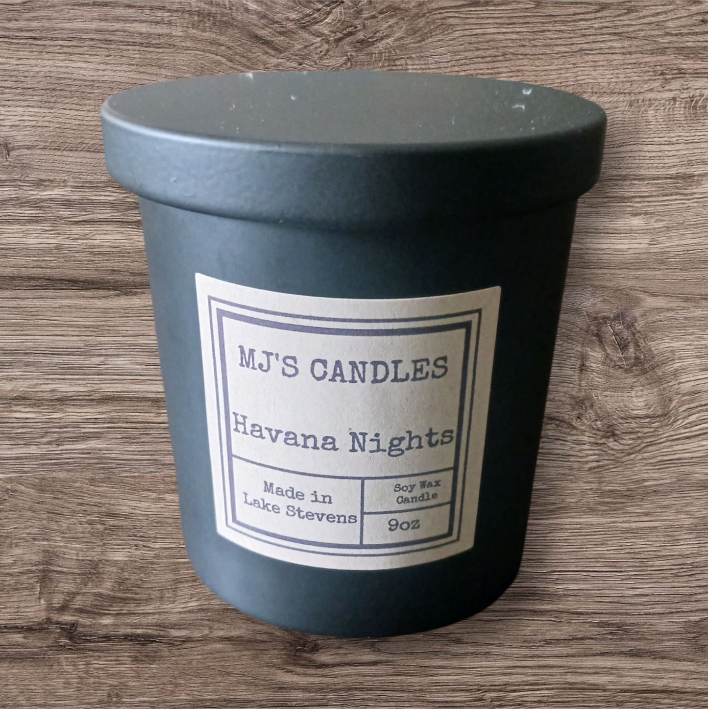 MJ'S CANDLES LLC Havana Nights soy candle in matte black container with lid 9oz size
