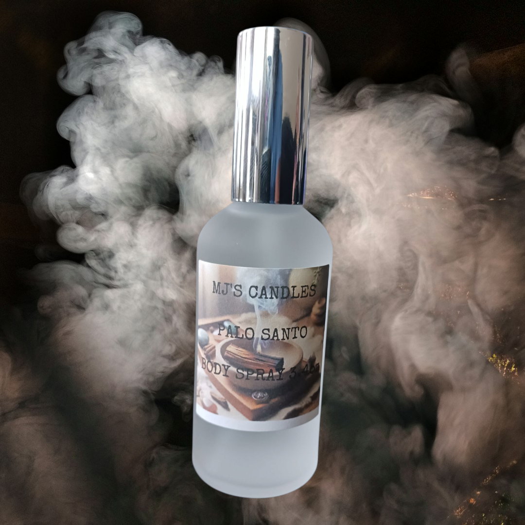 MJ'S CANDLES LLC luxury body spray palo santo scent in frosted glass bottle with silver cap and smoky background
