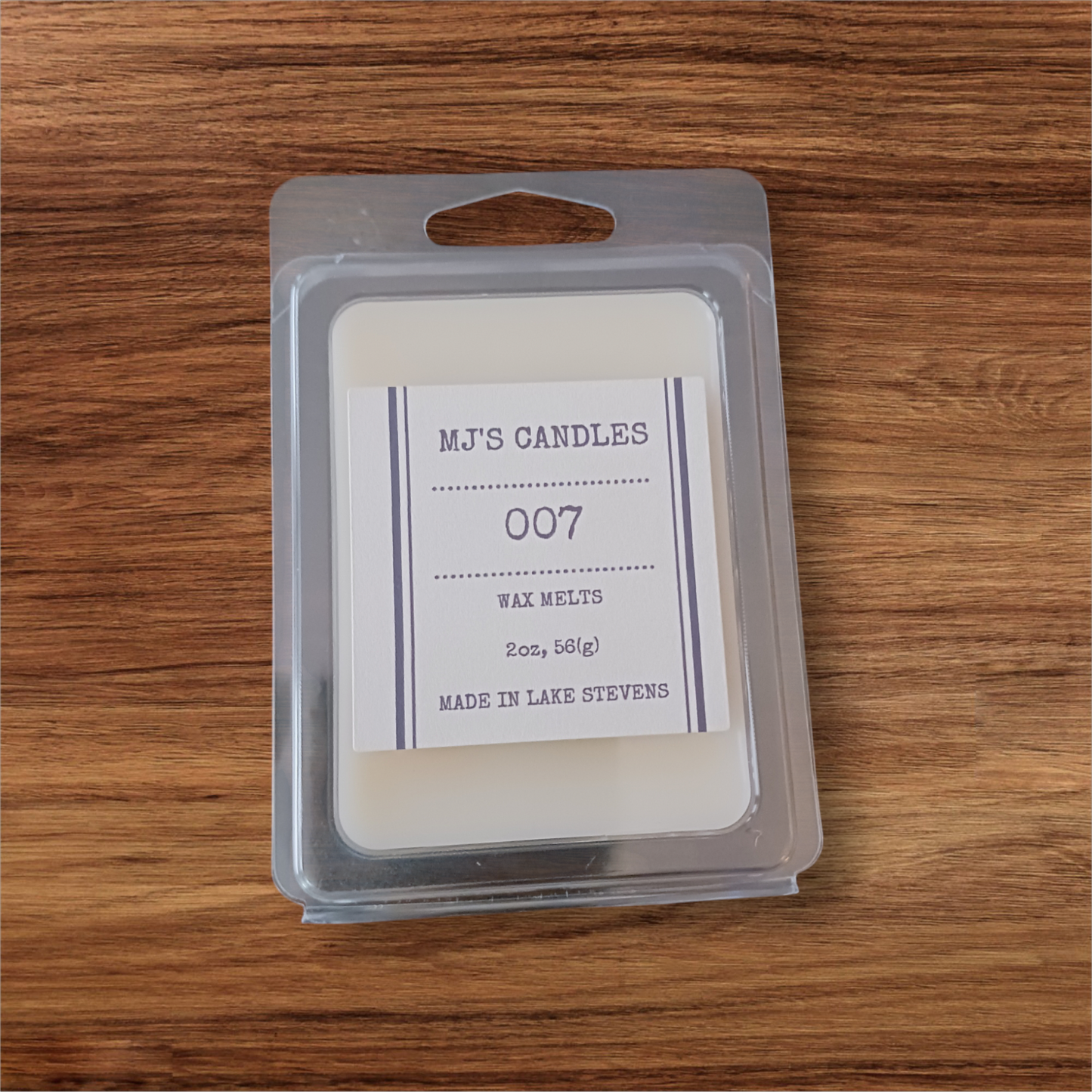 MJ'S CANDLES luxury soy wax melts pack labeled 007 with 2oz weight in clear plastic clamshell