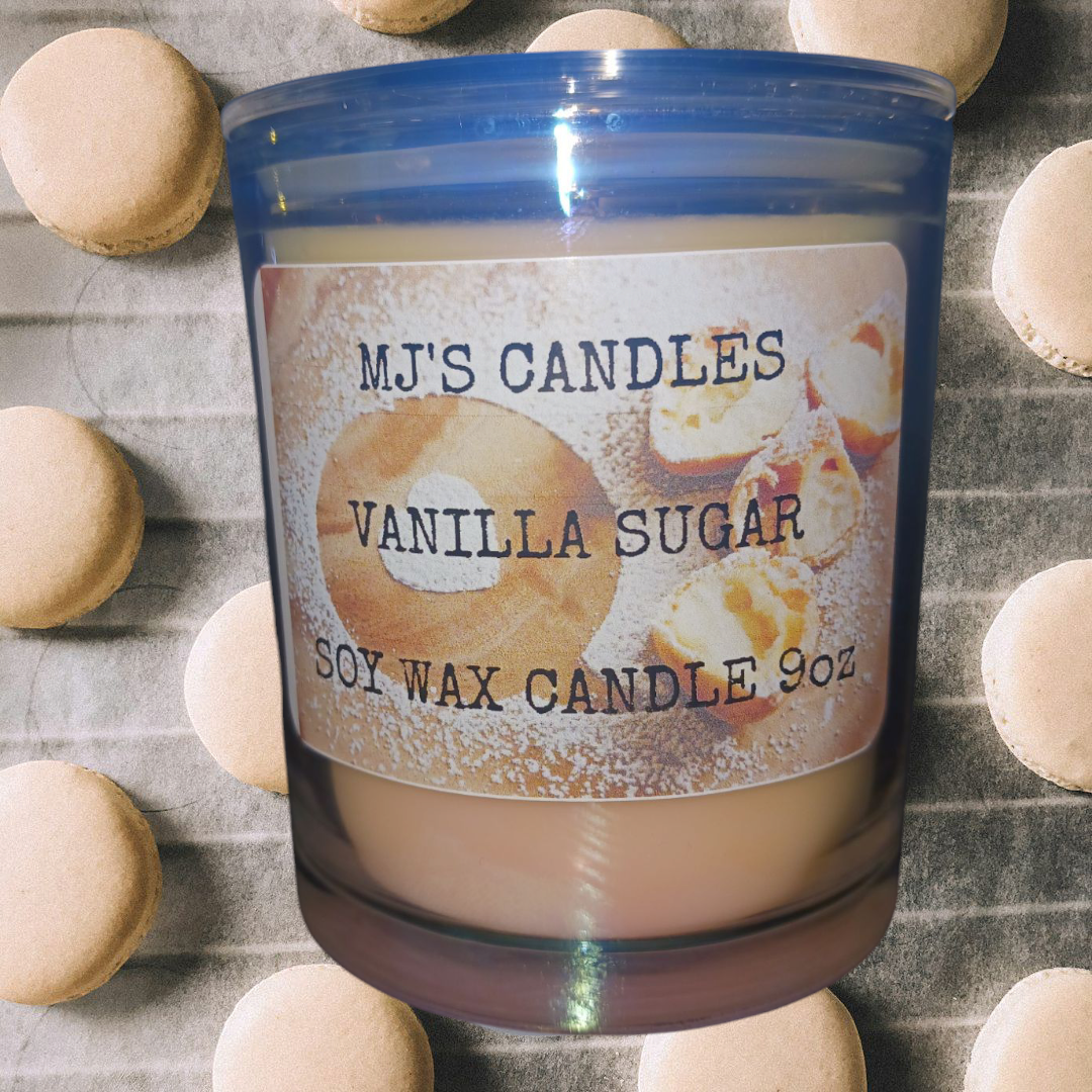 MJ'S CANDLES luxury vanilla sugar candle 10oz in glass container with vanilla donuts background