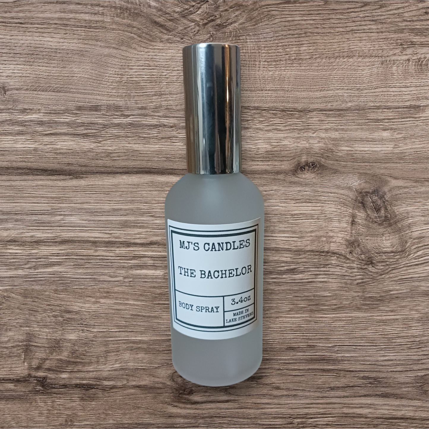 MJ'S CANDLES LLC men's luxury body spray The Bachelor in frosted glass bottle with silver cap