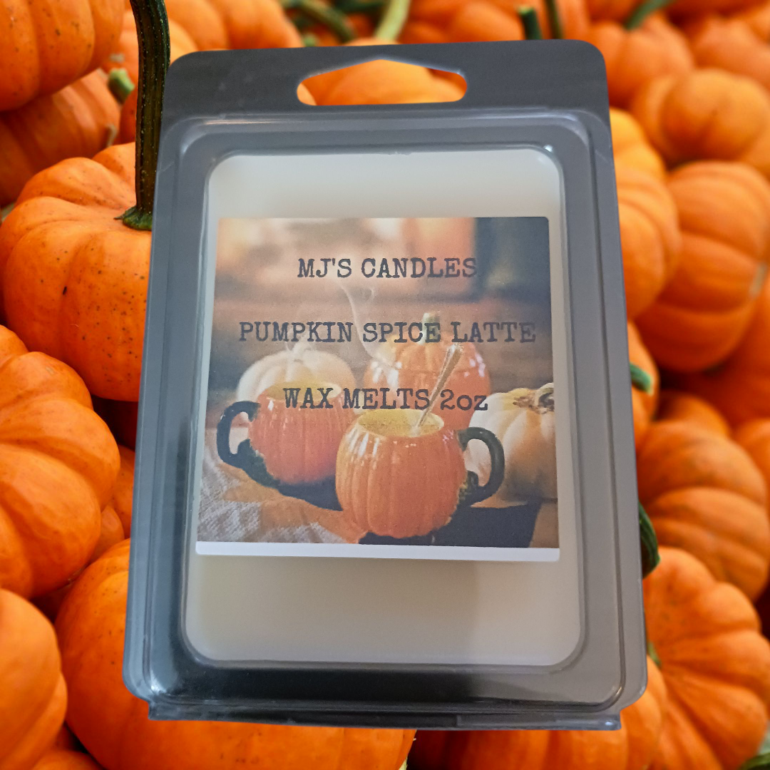 MJ'S CANDLES LLC pumpkin spice latte wax melts in clear clamshell packaging with pumpkin background