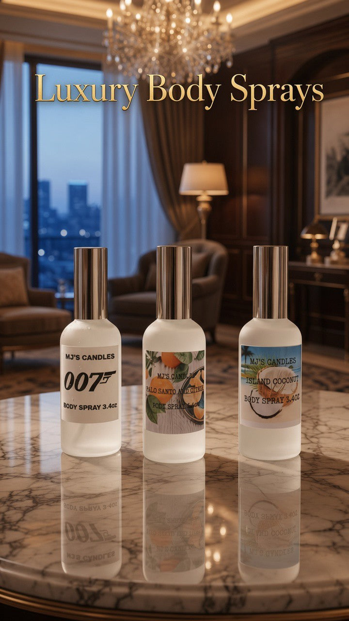 Three MJ’s Candles luxury body spray bottles displayed on a marble table.