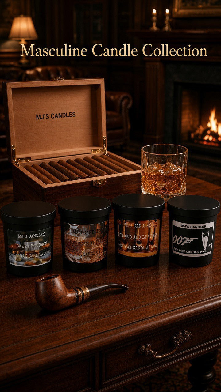 Masculine scented candles with rich wood and leather scents in black jars displayed beside a pipe and cigar box
