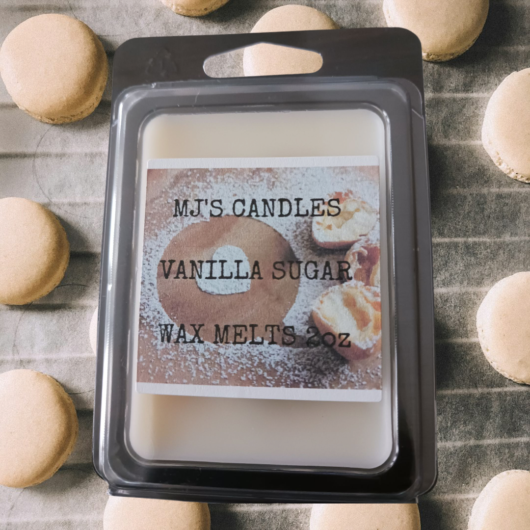Handcrafted scented wax melts in vanilla sugar scent displayed with beige macarons background