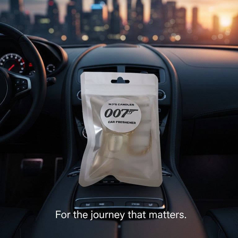 007 scent luxury car freshener in white packaging placed on black car dashboard at sunset