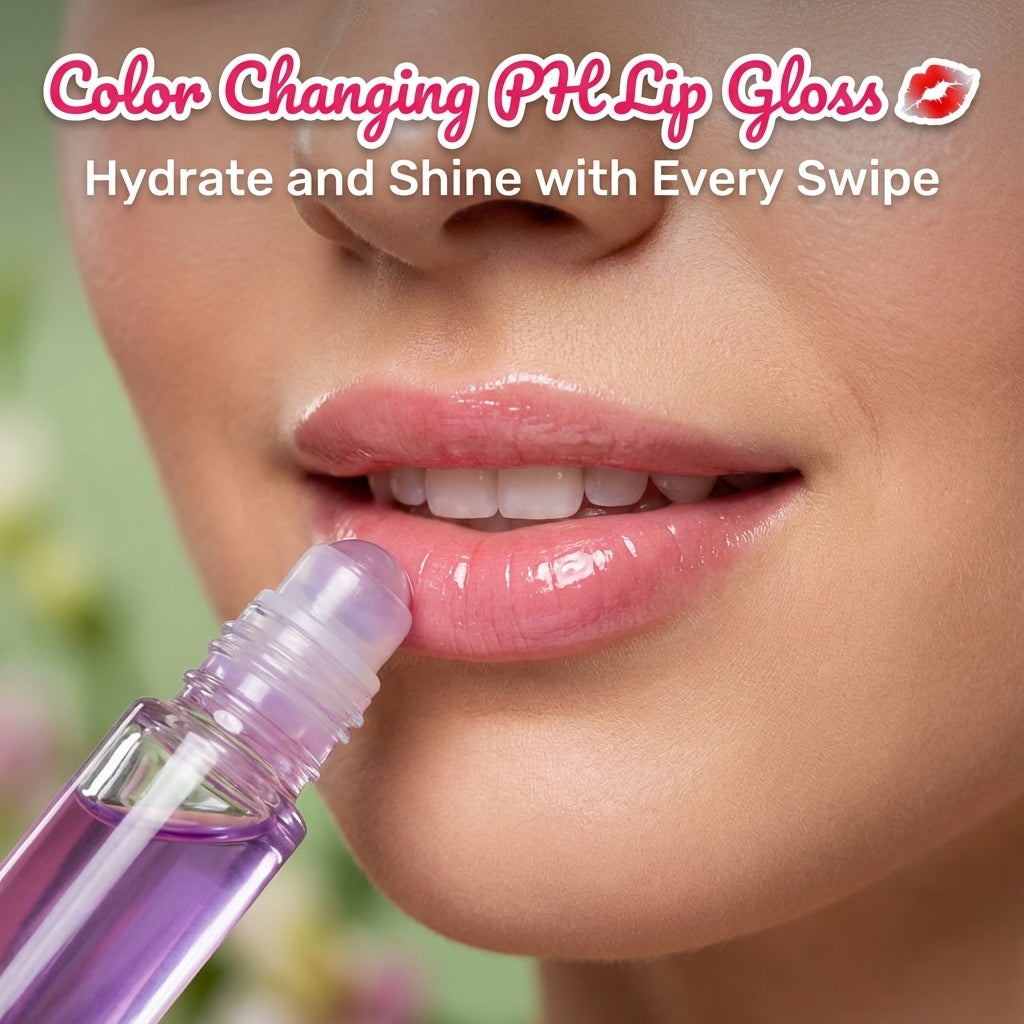 Woman applying all natural color changing lip gloss with moisturizing shine on lips