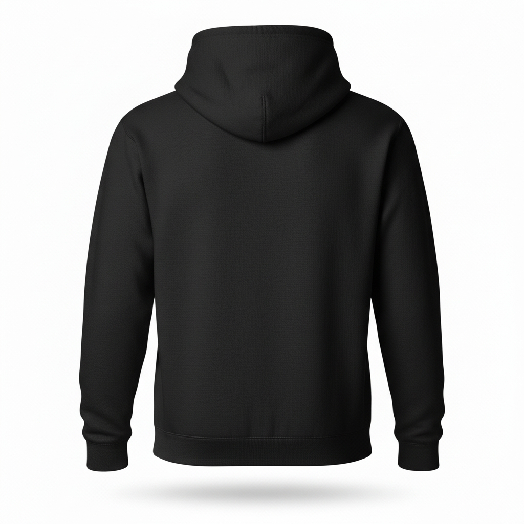 Back view of black men's essentials hoodie with hood and long sleeves