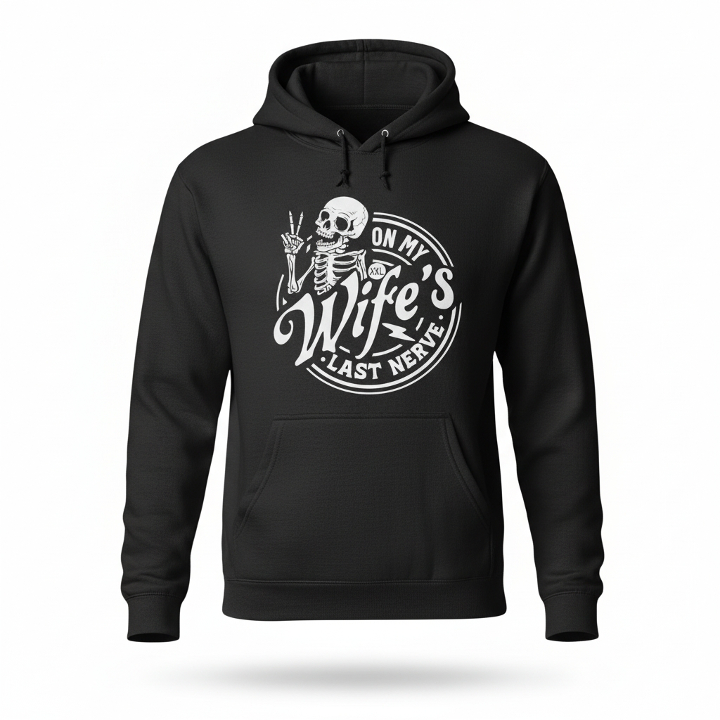 Black men's essentials hoodie with skeleton graphic and text on my wife's last nerve from MJ'S CANDLES LLC