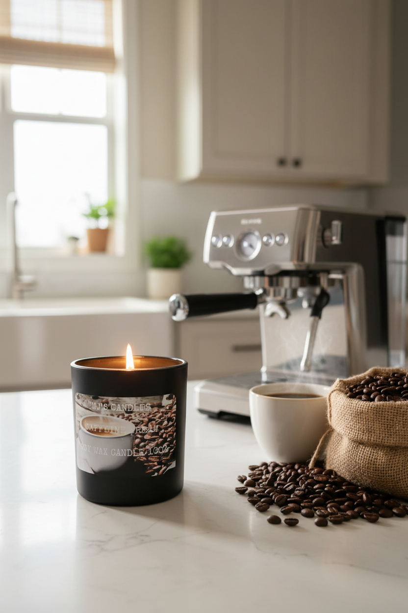 MJ'S CANDLES LLC coffee scented soy candle lit on kitchen counter next to espresso machine and coffee beans