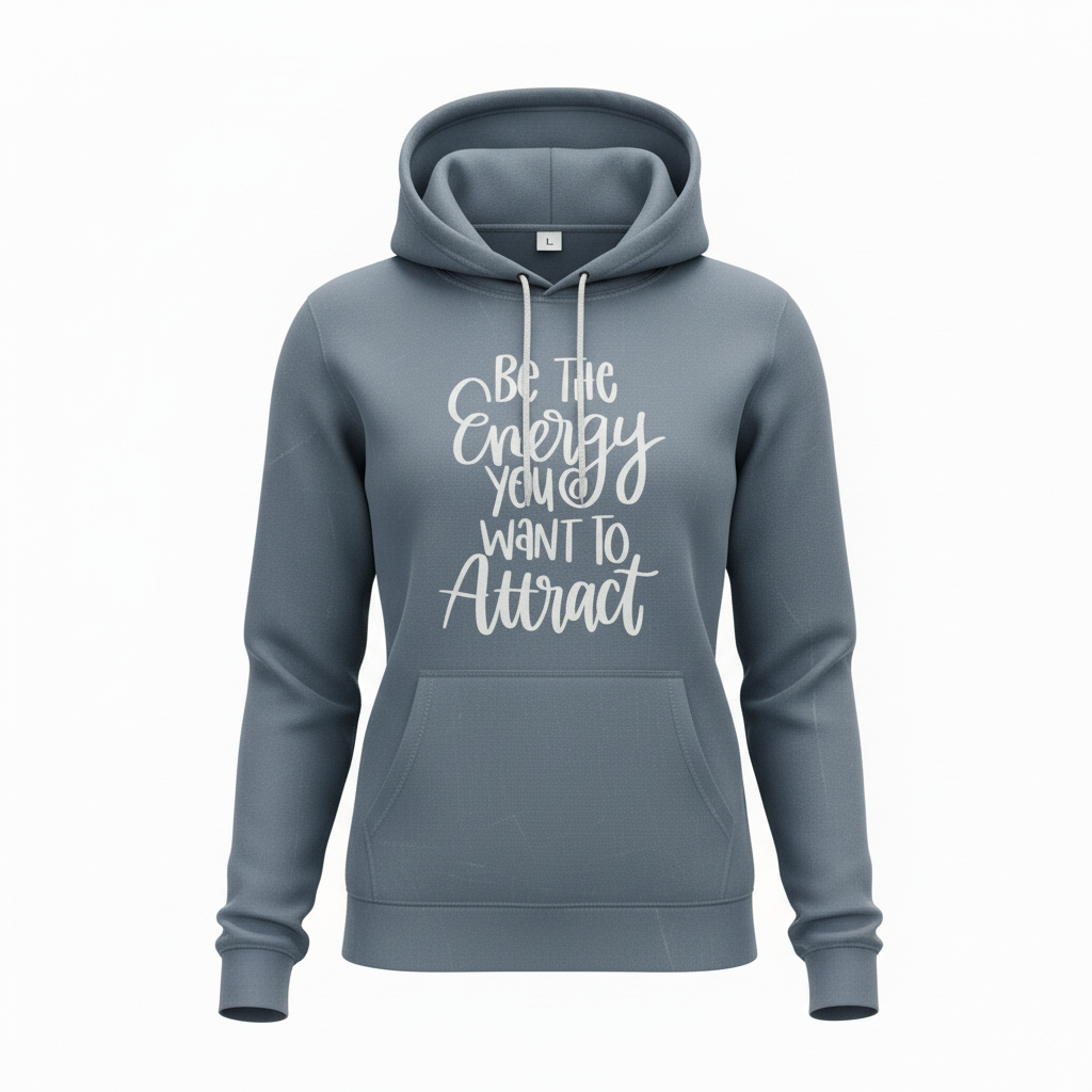 Gray comfort hoodies with motivational Be the Energy You Want to Attract text and front pocket