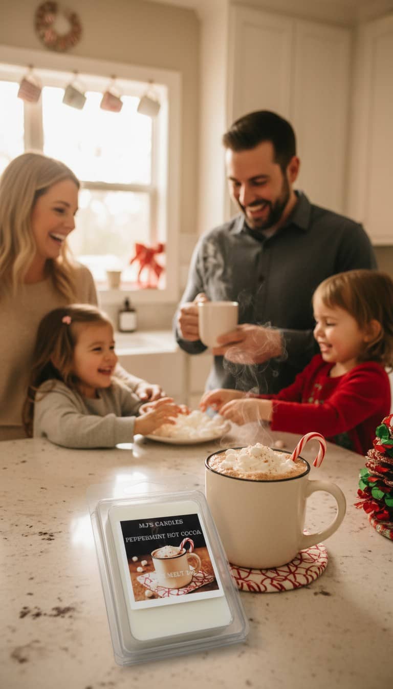 Family enjoying a cozy kitchen moment with peppermint Hot Cocoa candle and hot chocolate mug with whipped cream and candy cane