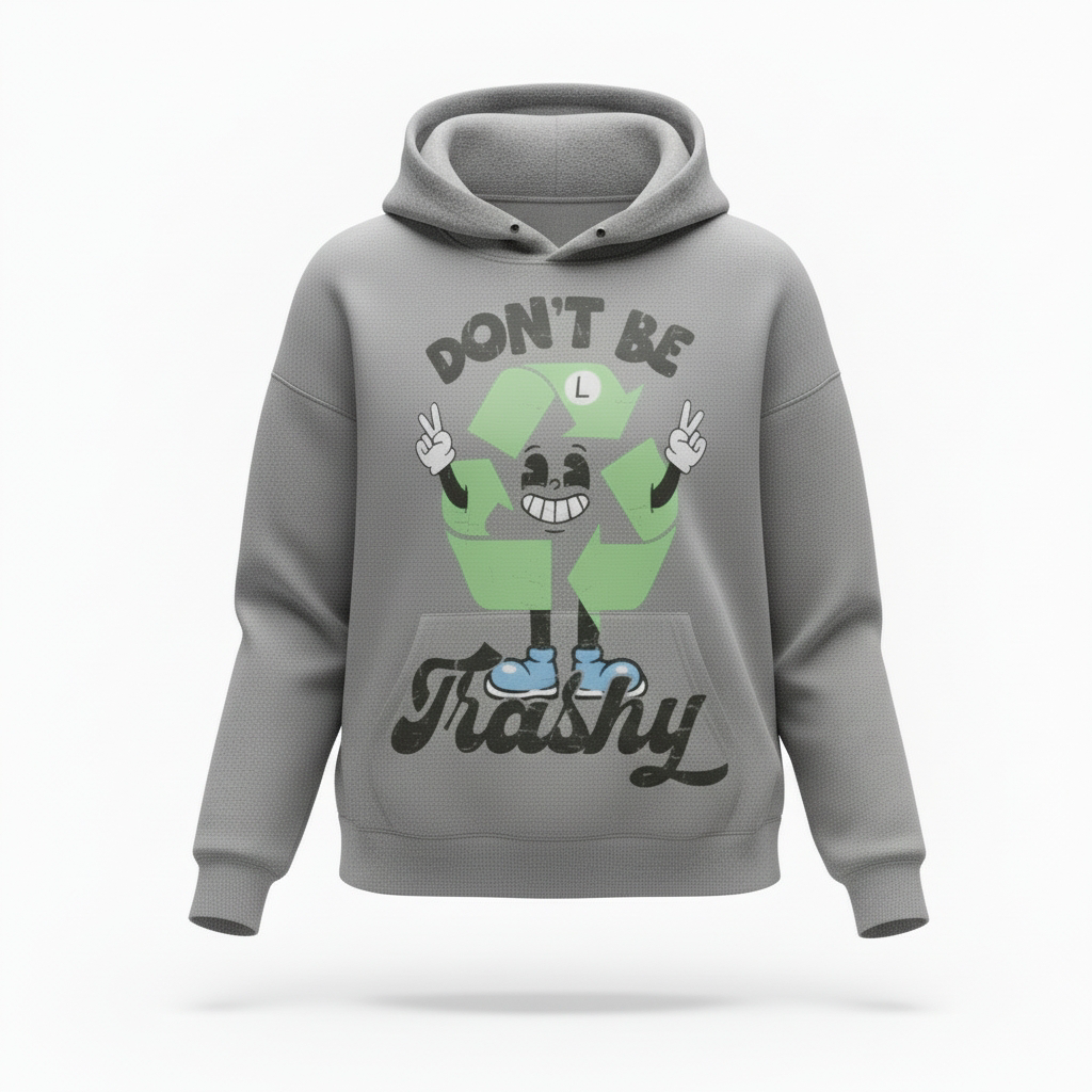 Gray hoodie with cartoon recycling symbol and text Don’t Be Trashy graphic design