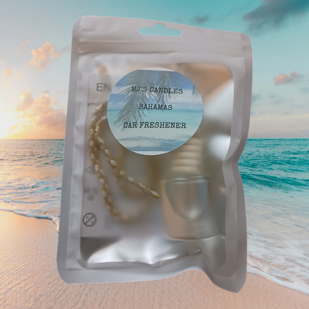 MJ'S CANDLES LLC handcrafted car freshener Bahamas scent in silver container with hanging rope