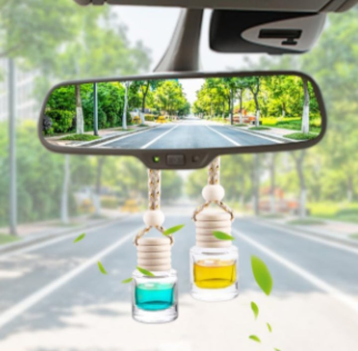 Handcrafted car scent peach air fresheners hanging from car rearview mirror with green leaves inside