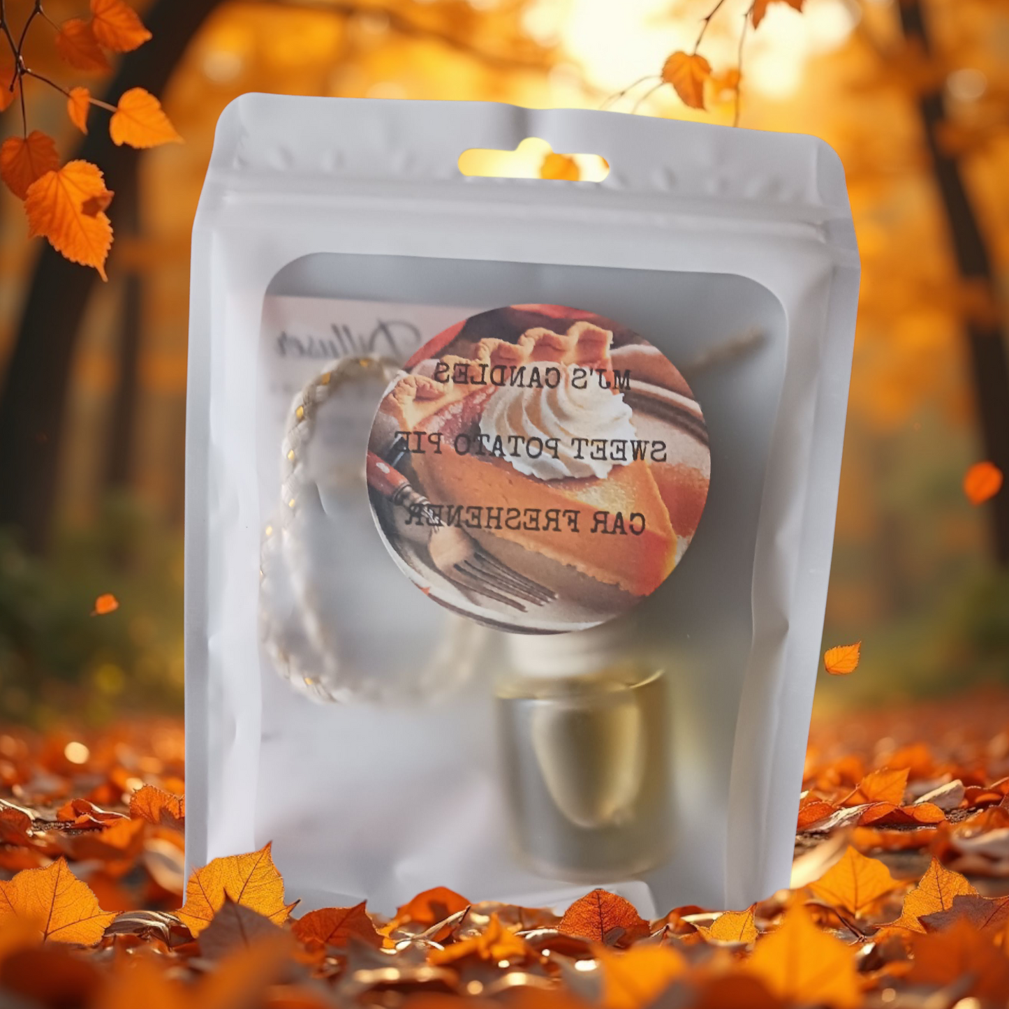 Handcrafted dessert scent air freshener by MJs Candles with sweet potato pie fragrance in fall setting