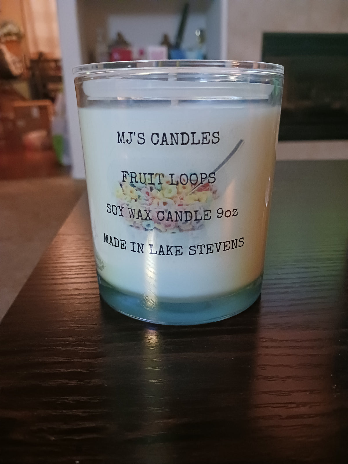 MJ'S CANDLES LLC handcrafted fruit loops candle 9oz soy wax in clear glass jar