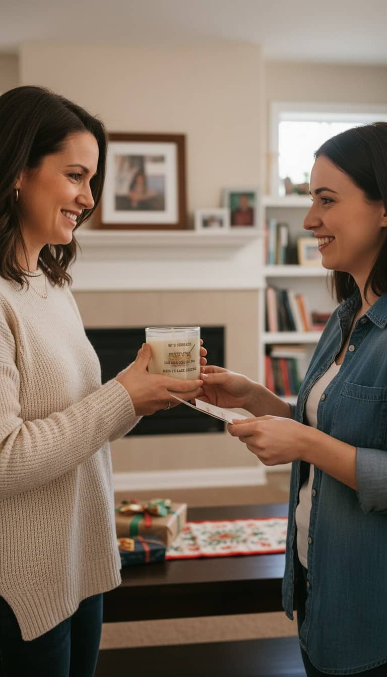 Two women exchanging a handcrafted fruit loops candle in a cozy living room setting