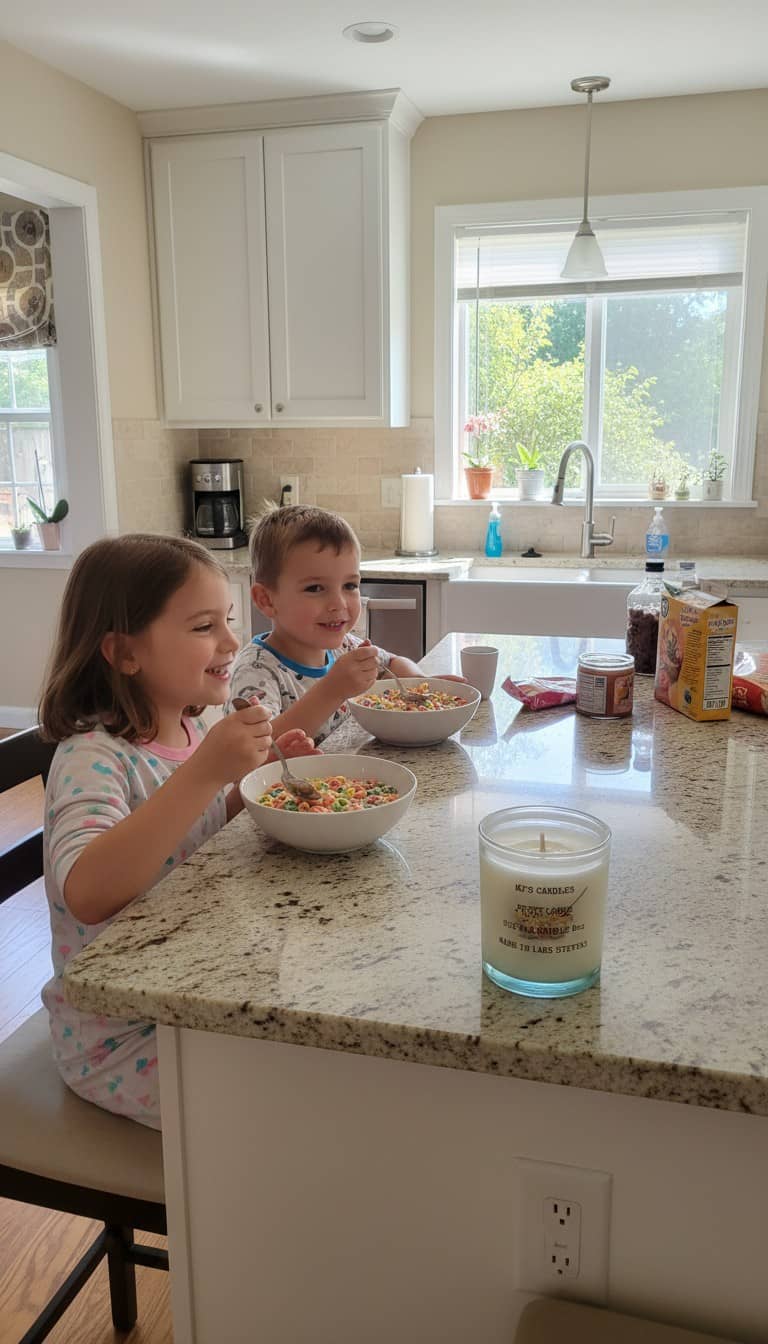 MJ'S CANDLES LLC handcrafted fruit loops candle 10oz soy candle on kitchen counter with kids eating cereal