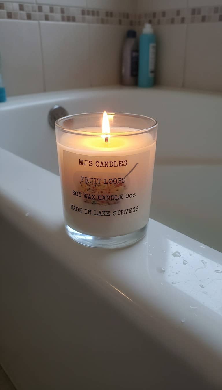 Handcrafted fruit loops candle burning 9oz soy wax candle by MJ'S CANDLES LLC in clear glass