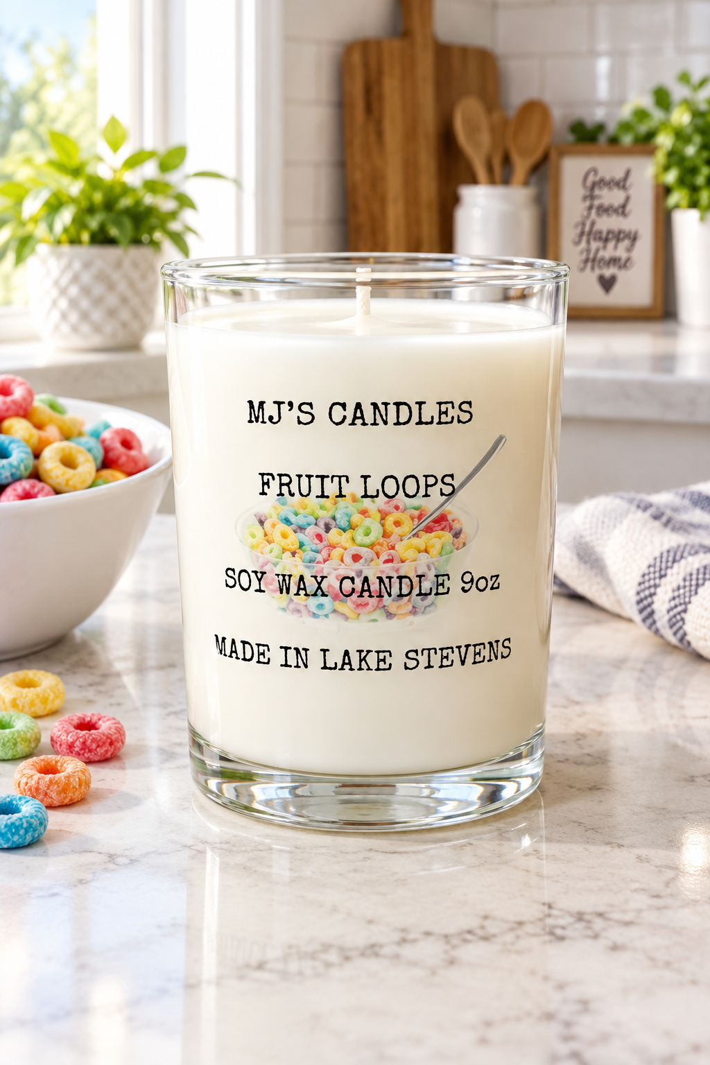 Handcrafted fruit loops candle soy wax 9oz by MJ'S CANDLES with colorful cereal design on glass jar