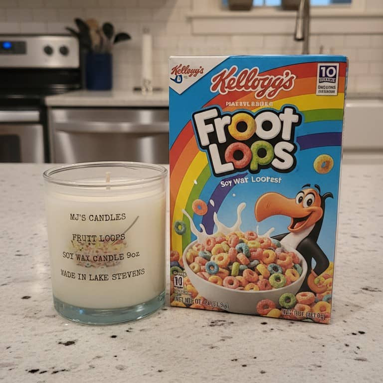 Handcrafted fruit loops candle soy wax 9oz next to colorful Kellogg's Froot Loops cereal box on kitchen counter