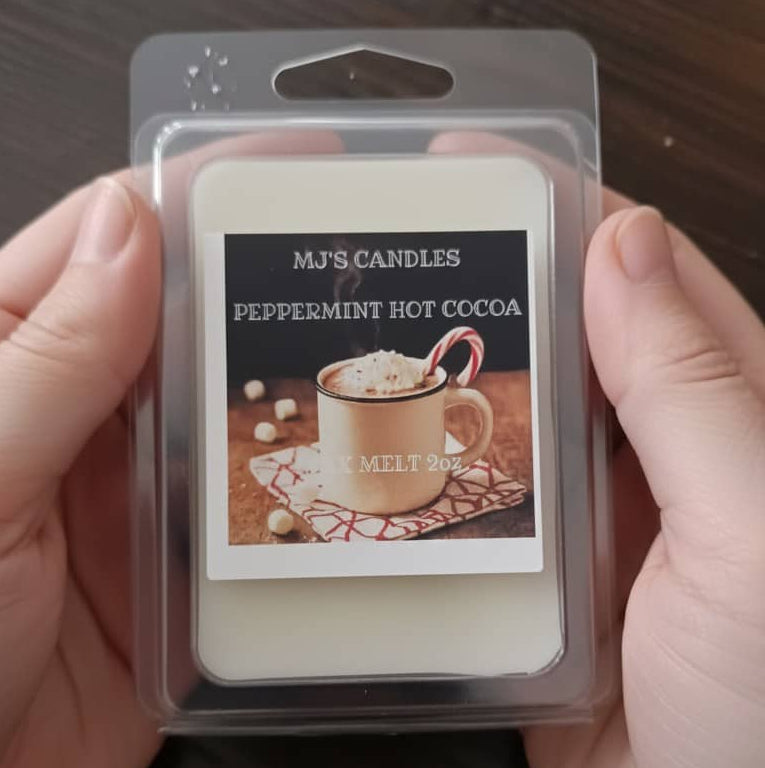 MJ's Candles peppermint Hot Cocoa scented wax melts with hot cocoa and candy cane image on label