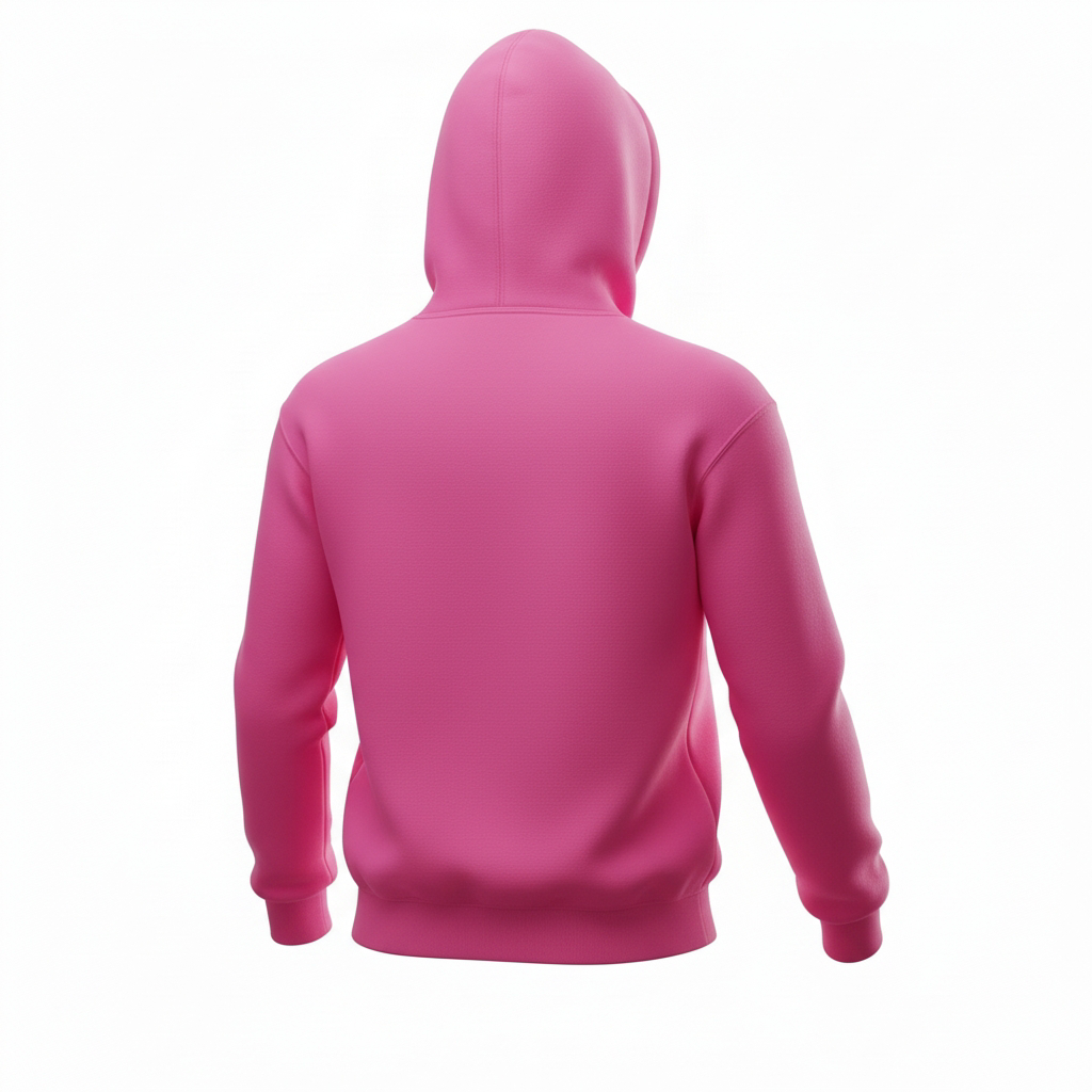Pink hoodie essential shown from the back with long sleeves and a fitted hood