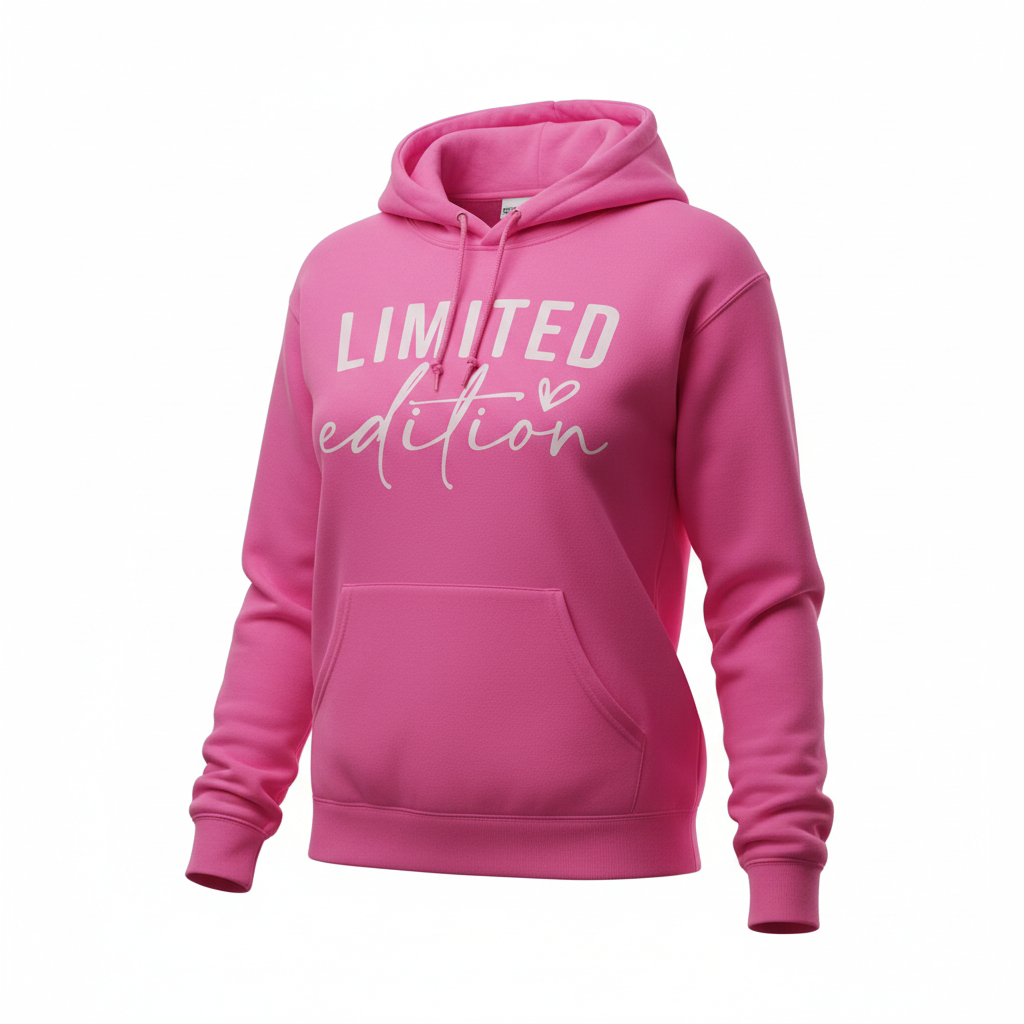 Pink hoodie essential with limited edition white text and kangaroo pocket for casual wear