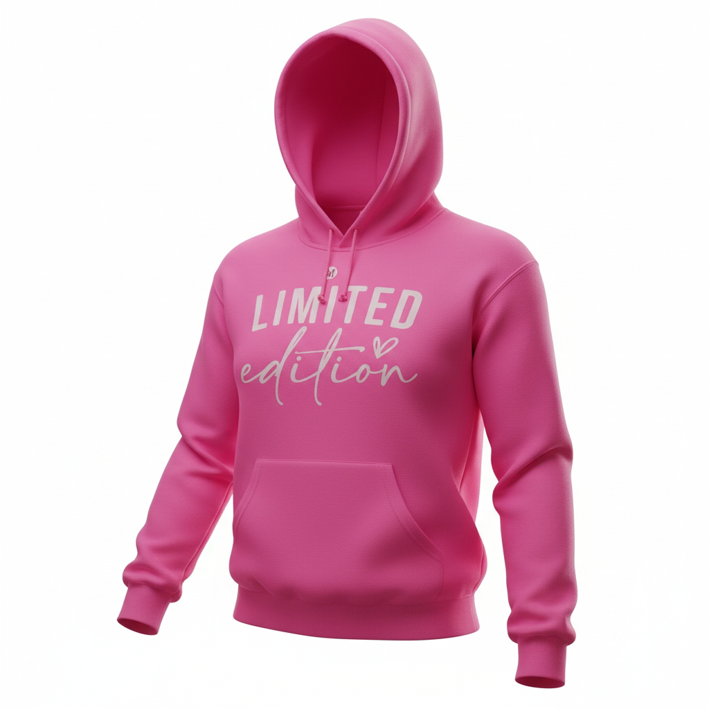 Pink hoodie essential with limited edition text and front pocket for casual wear