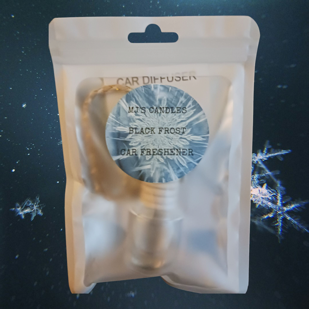 MJ'S CANDLES LLC Black Frost long-lasting car fragrance diffuser in sealed pouch with hanging rope