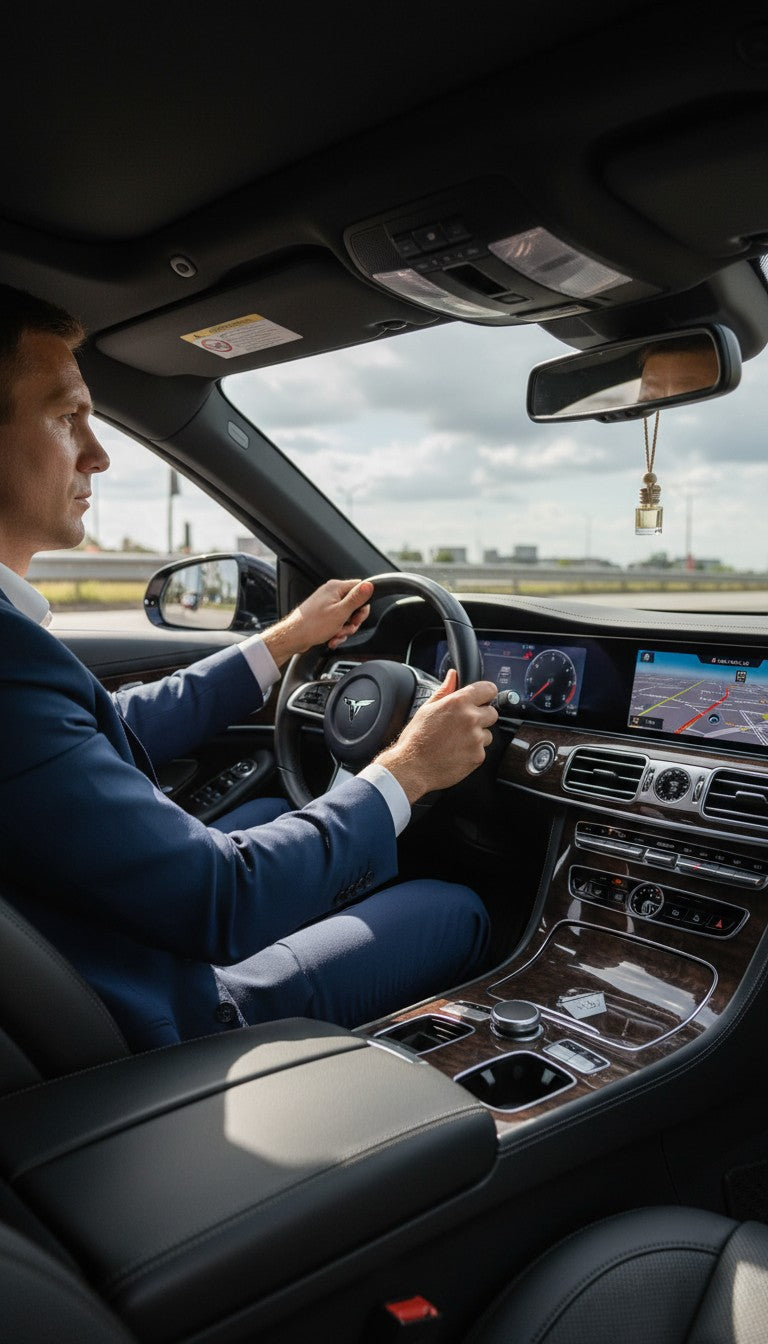 Luxury car freshener hanging from rearview mirror inside premium vehicle driven by man in blue suit