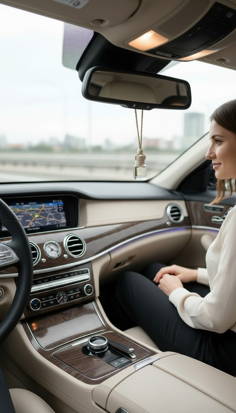 Luxury car freshener hanging from rearview mirror inside beige luxury car with wood trim and woman seated