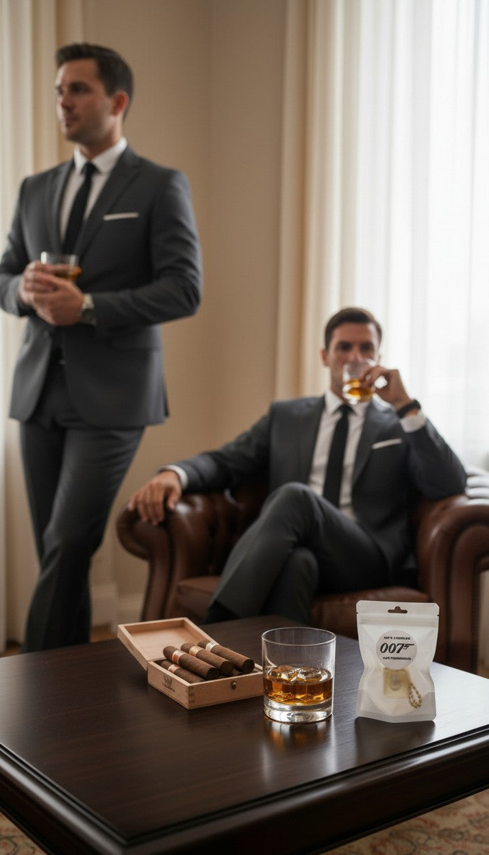 Luxury car freshener in 007 scent displayed with whiskey and cigars on table with men in suits