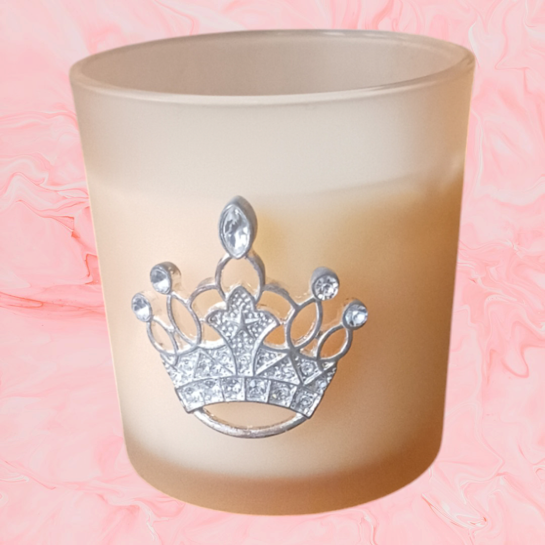 MJ'S CANDLES LLC luxury peach scented candle in frosted glass holder with decorative silver crown emblem