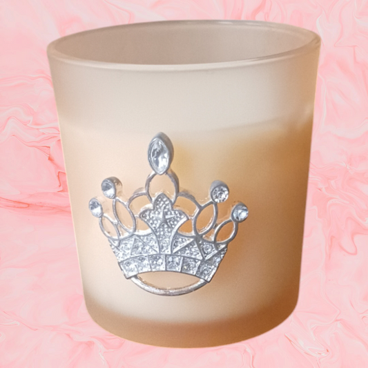 MJ'S CANDLES LLC luxury peach scented candle in frosted glass holder with decorative silver crown emblem