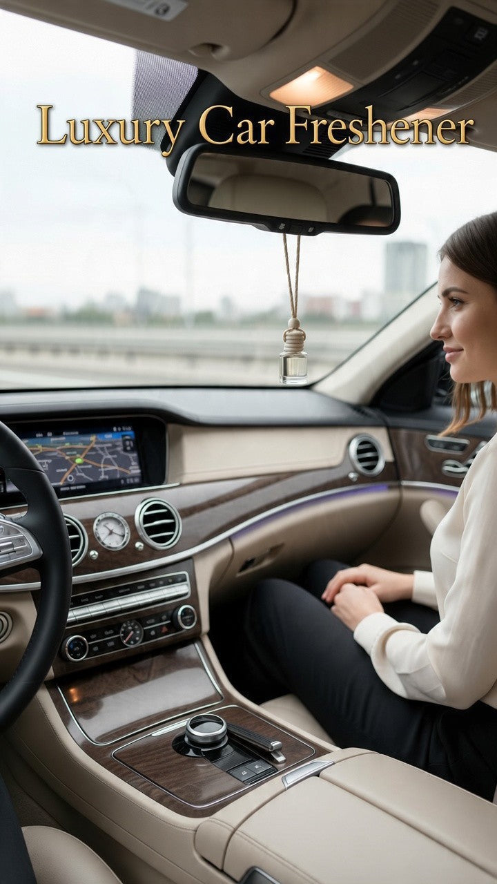 Luxury wine scent car air freshener hanging from rearview mirror inside modern car with woman seated