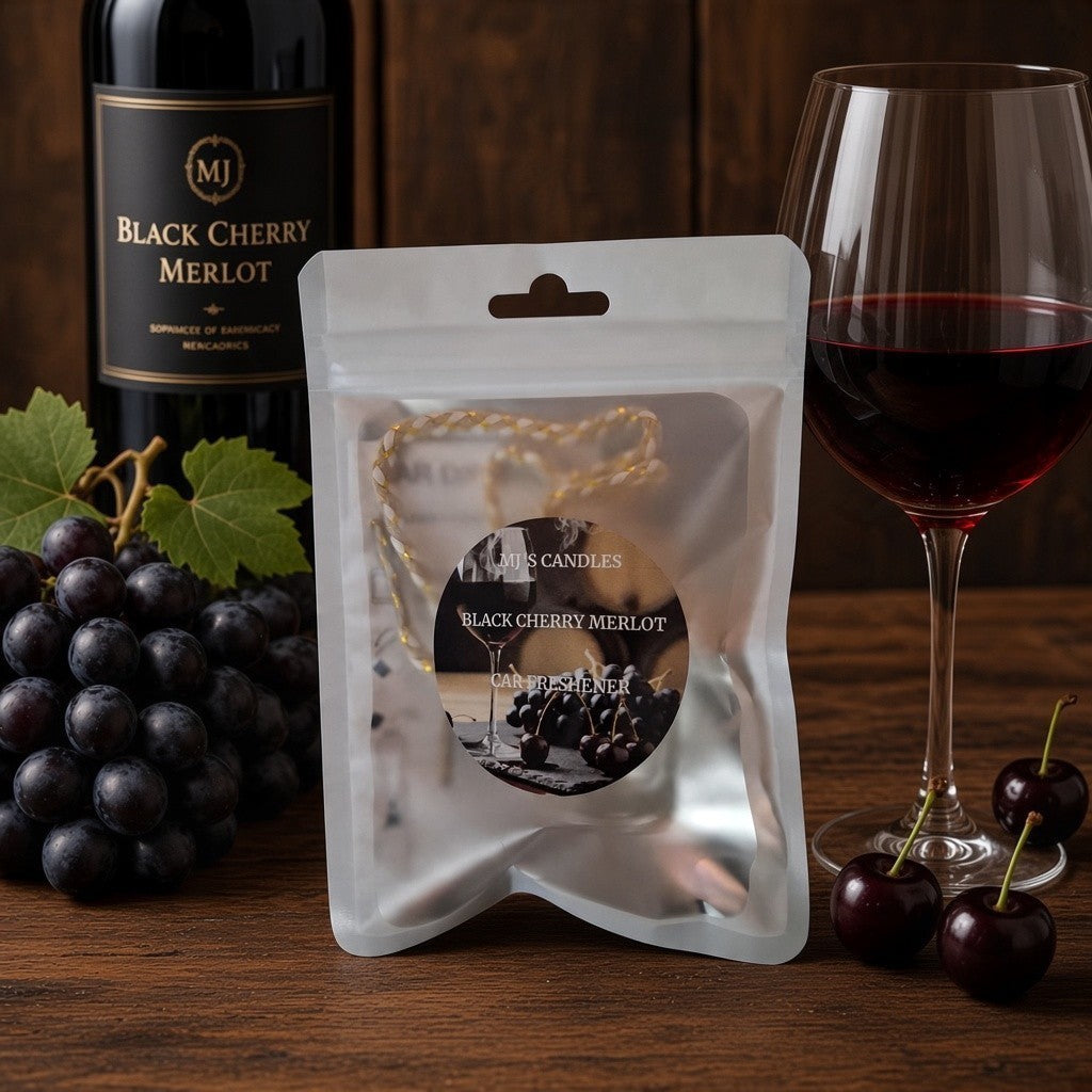 Black Cherry Merlot luxury wine scent car air freshener in silver pouch with grapes and wine glass
