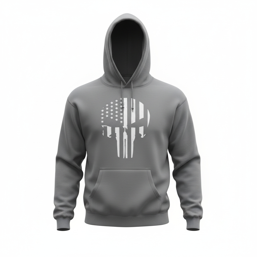 Gray men's hoodie with American flag skull design and front kangaroo pocket by MJs Candles