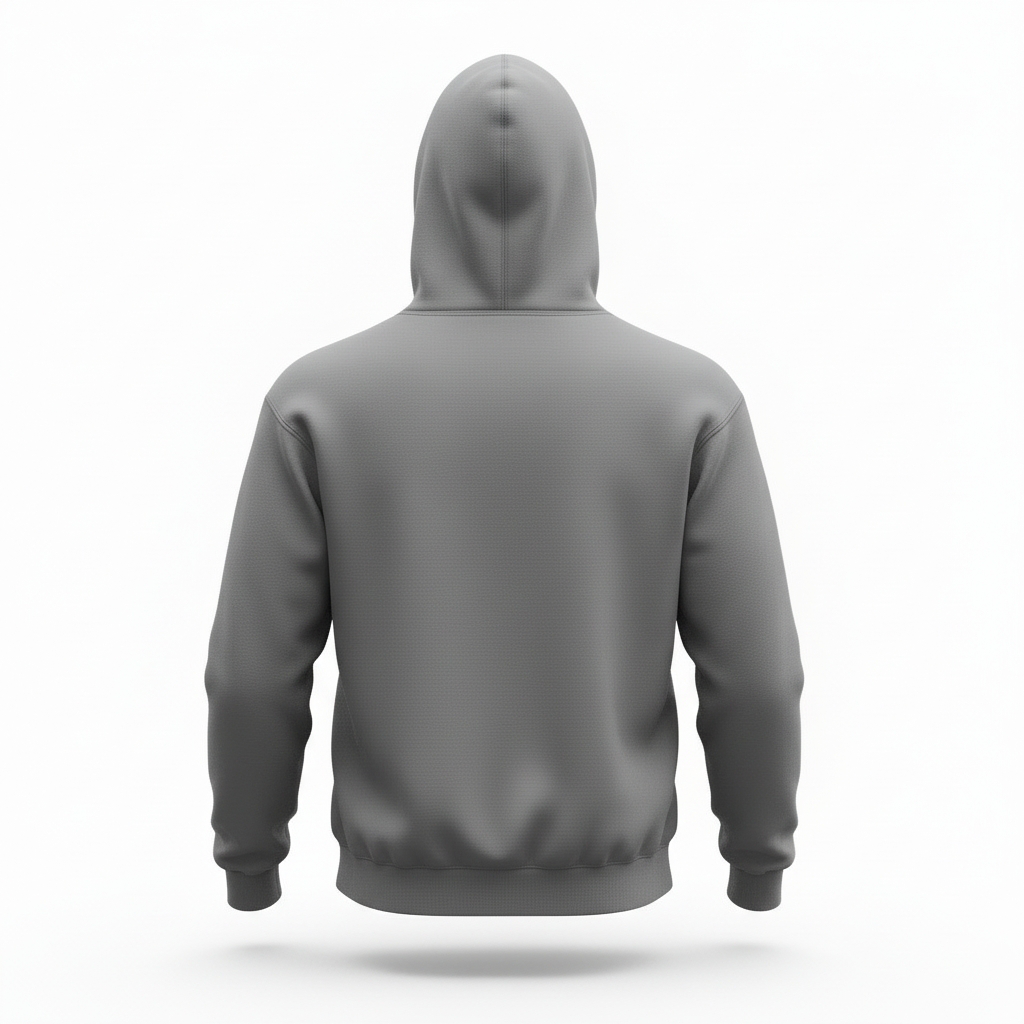 Back view of plain gray Men's Hoodie with hood and ribbed cuffs isolated on white background