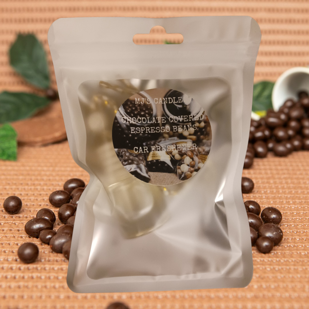 MJ'S CANDLES LLC car freshener package with chocolate covered coffee beans image on label
