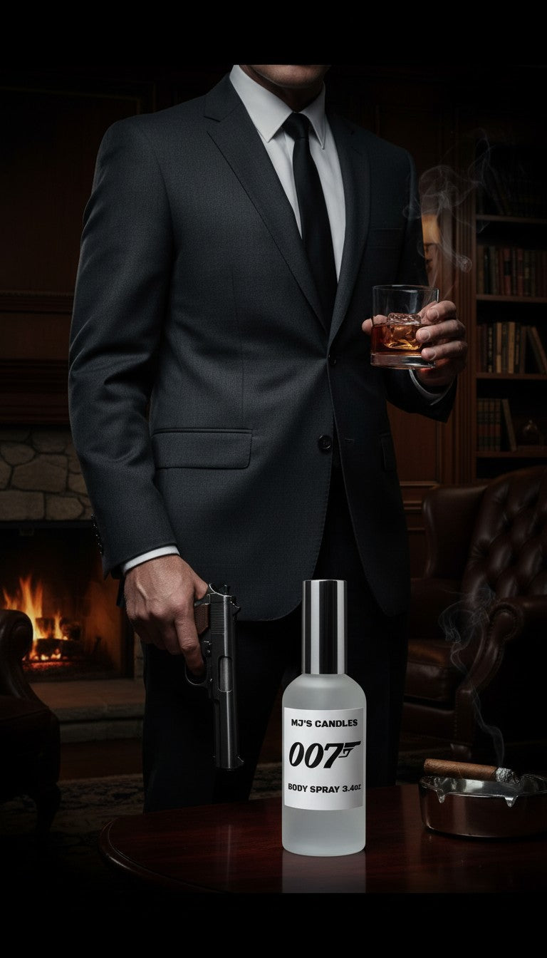 007 bodyspray by MJ'S CANDLES LLC in frosted bottle with man in suit holding glass and gun in background